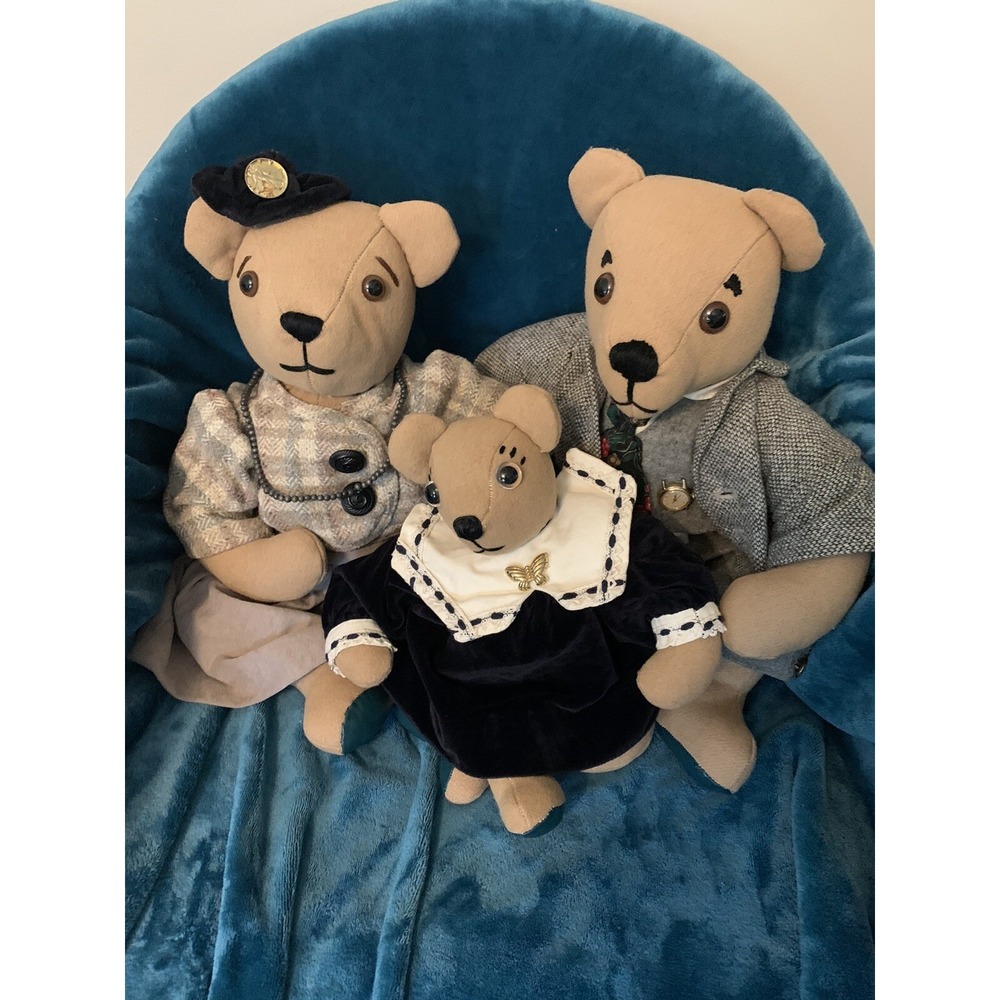 Vintage Teddy Bear Papa Mama And Baby Bear Glass Eyes Wool Jointed Handmade